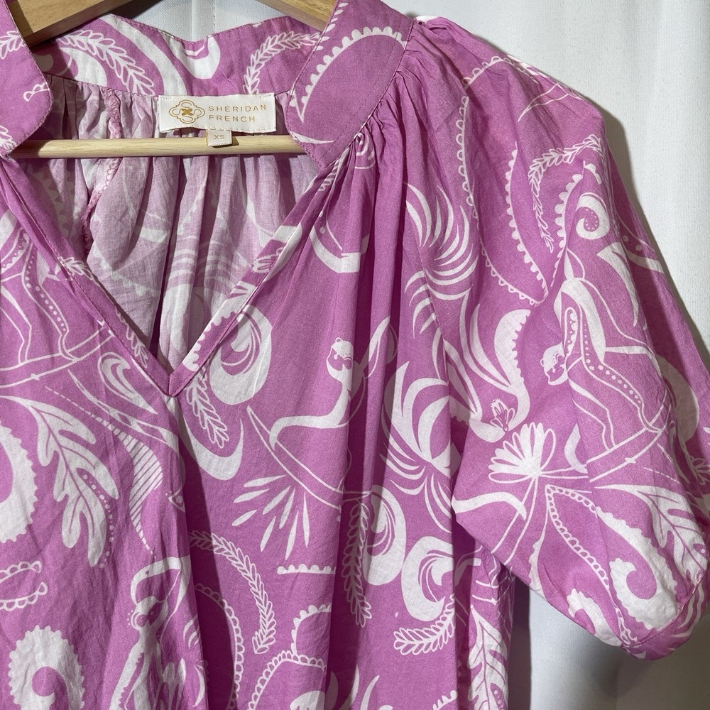 Sheridan French Cotton Top Pink Floral Monkey Print Summer Spring Blouse XS
